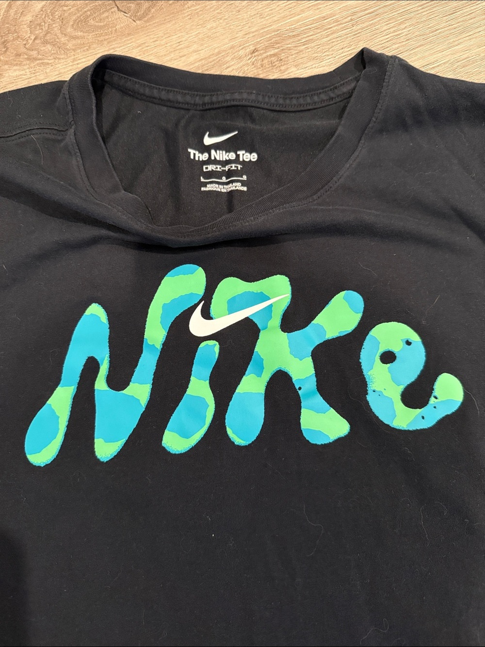 Nike Black Tee with Teal and Aqua Script Logo - Picture 2 of 3